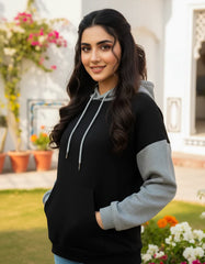 Winter Black With Grey Basic Hoodie For Women