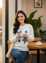 Winter Stars Printed White Sweatshirt