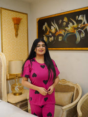 Pink Black Heart Printed PJs Set