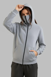 Winter Grey Balaclava Ninja Zipper Hoodie Jacket For Women