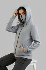 Winter Grey Balaclava Ninja Zipper Hoodie Jacket For Women