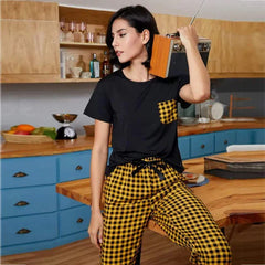 Yellow and Black Check Pocket PJs Set