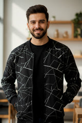 Winter Black Printed Zipper Jacket For Men