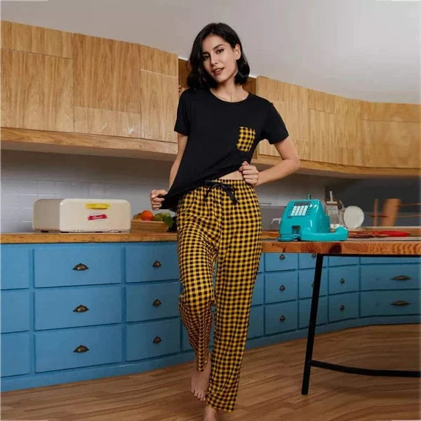 Yellow and Black Check Pocket PJs Set