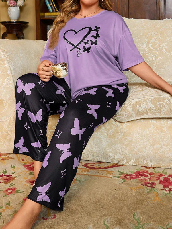 Purple Heart & Butterfly Printed Night Suit