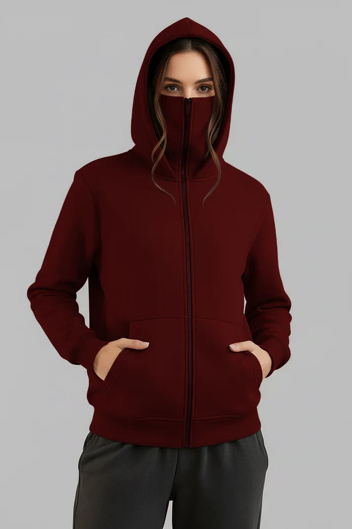 Winter Maroon Balaclava Ninja Zipper Hoodie Jacket For Women