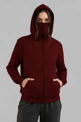 Winter Maroon Balaclava Ninja Zipper Hoodie Jacket For Women