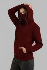 Winter Maroon Balaclava Ninja Zipper Hoodie Jacket For Women