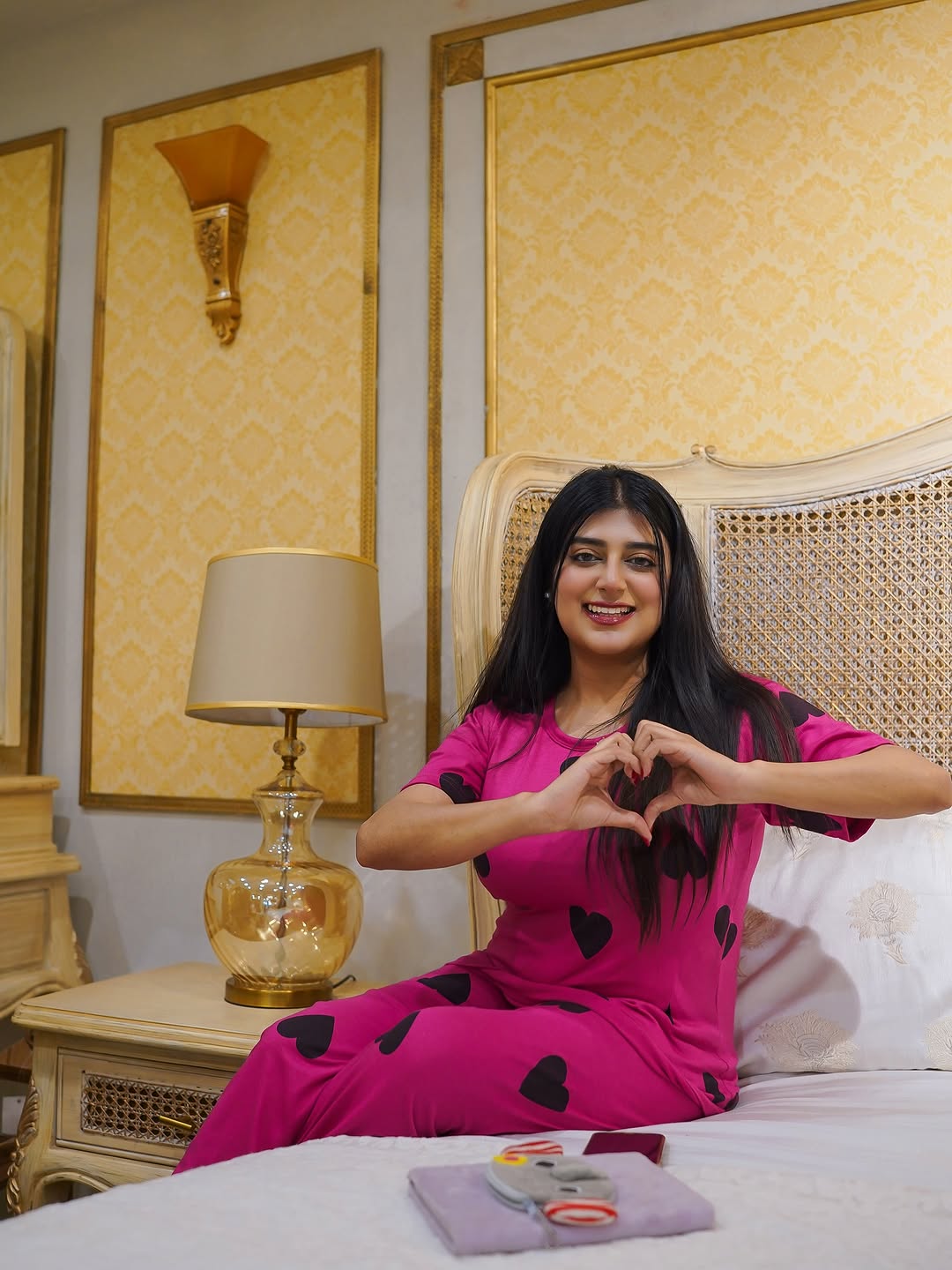 Pink Black Heart Printed PJs Set