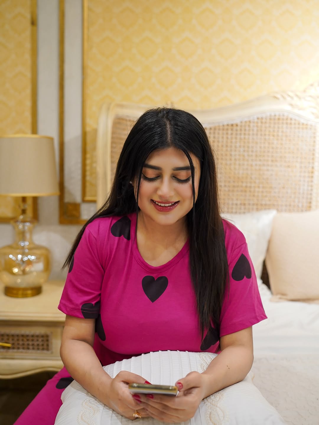 Pink Black Heart Printed PJs Set