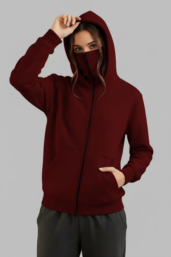 Winter Maroon Balaclava Ninja Zipper Hoodie Jacket For Women