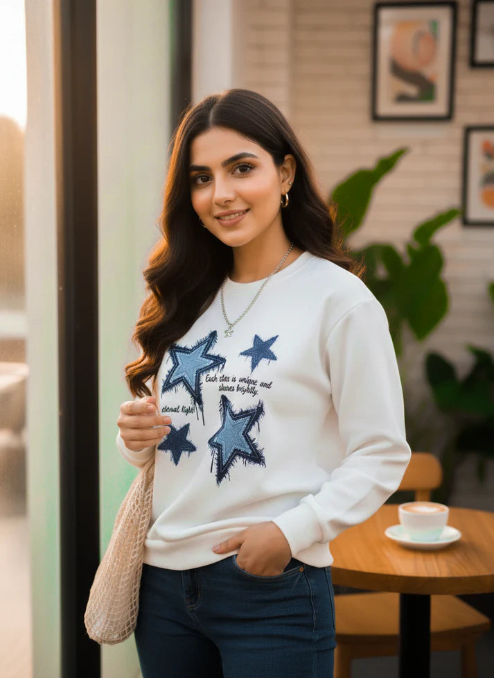 Winter Stars Printed White Sweatshirt