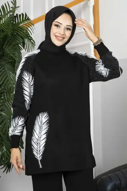 Winter Feather Printed Long Sleeves 2 PC Co-Ord Set