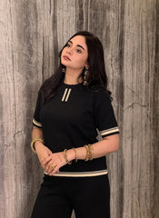 Black & White Slit Short Sleeve T-shirts & high waist wide leg Pants