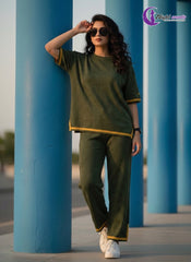 Bottle Green Lemon Slit Short Sleeve T-shirts & high waist wide leg Pants