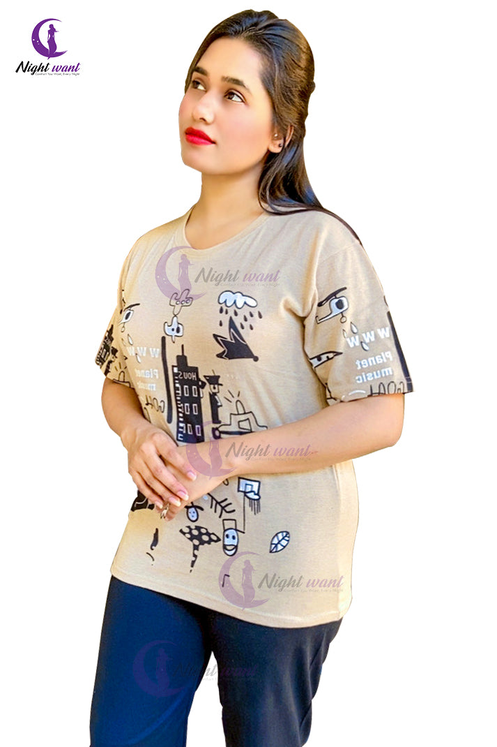 Creamy Funcky Printed Night Suit