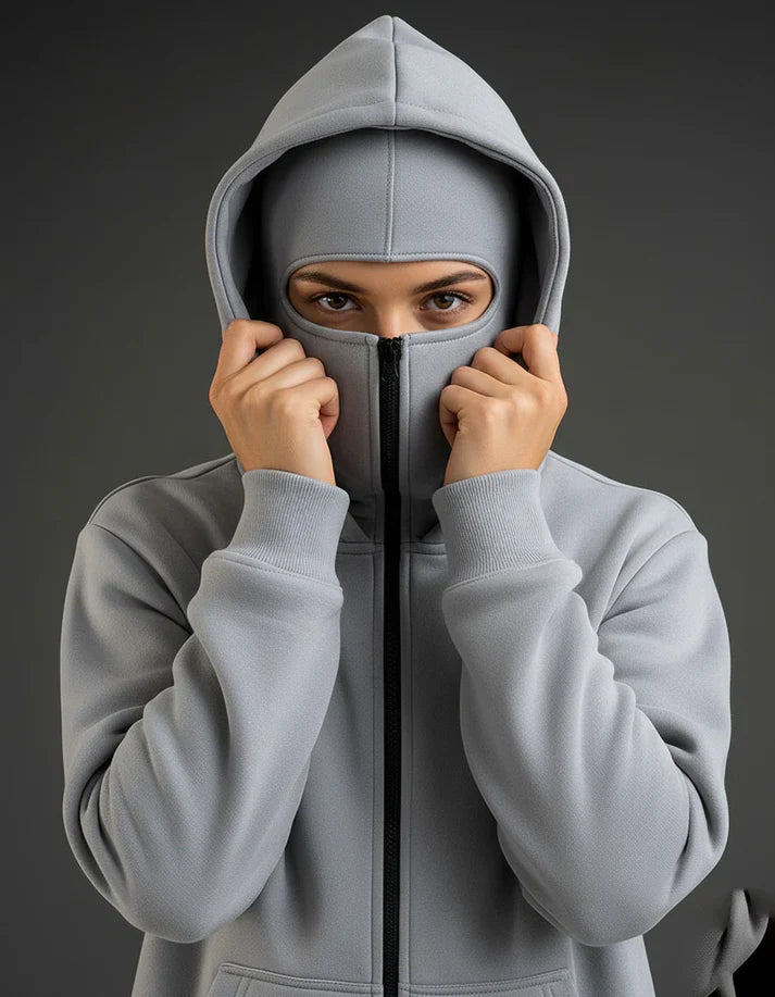 Winter Grey Balaclava Ninja Zipper Hoodie Jacket For Women