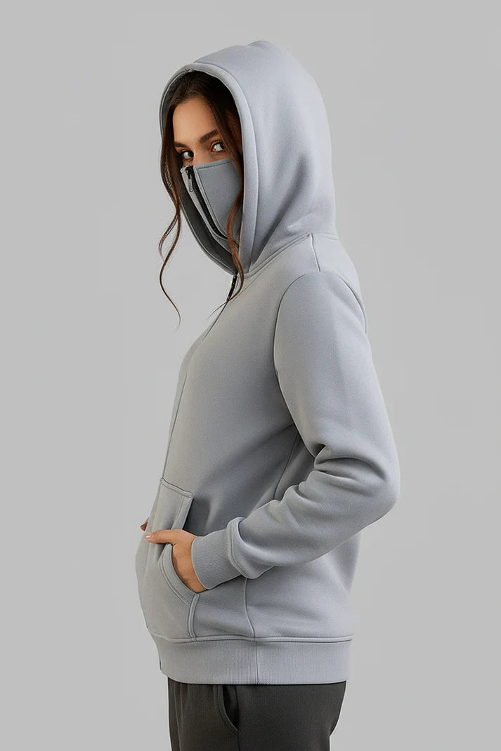 Winter Grey Balaclava Ninja Zipper Hoodie Jacket For Women