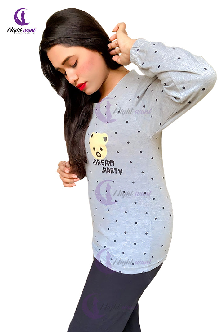 Gray Bear Printed Night Suit