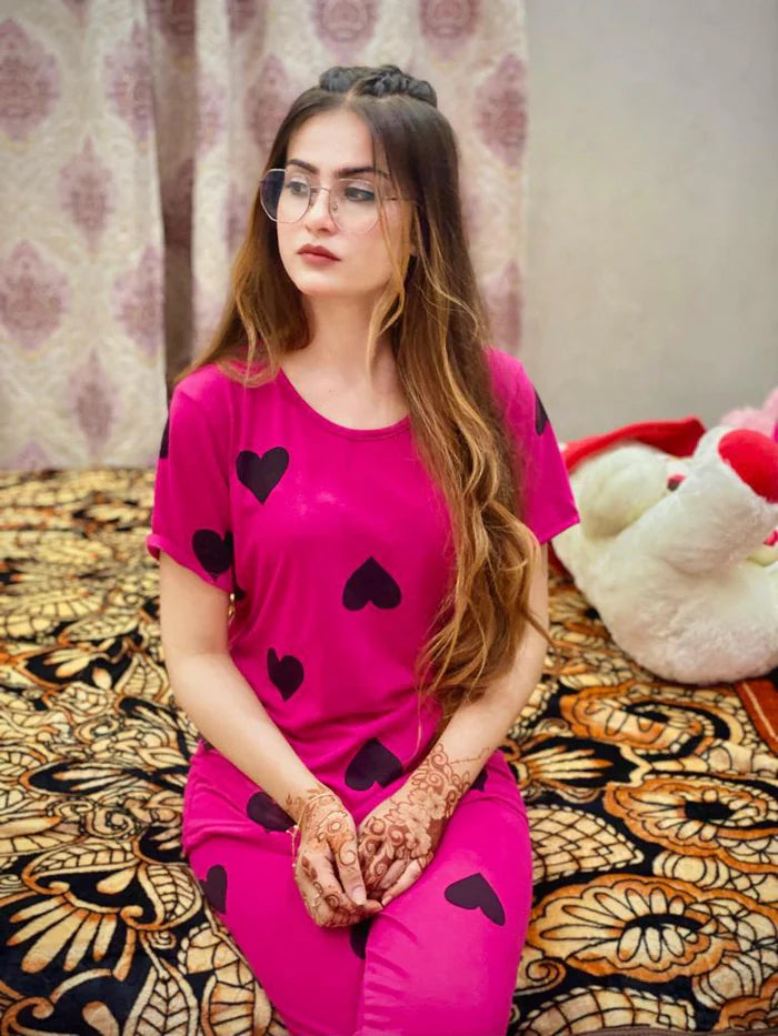 Pink Multi Black Heart Printed Night Suit