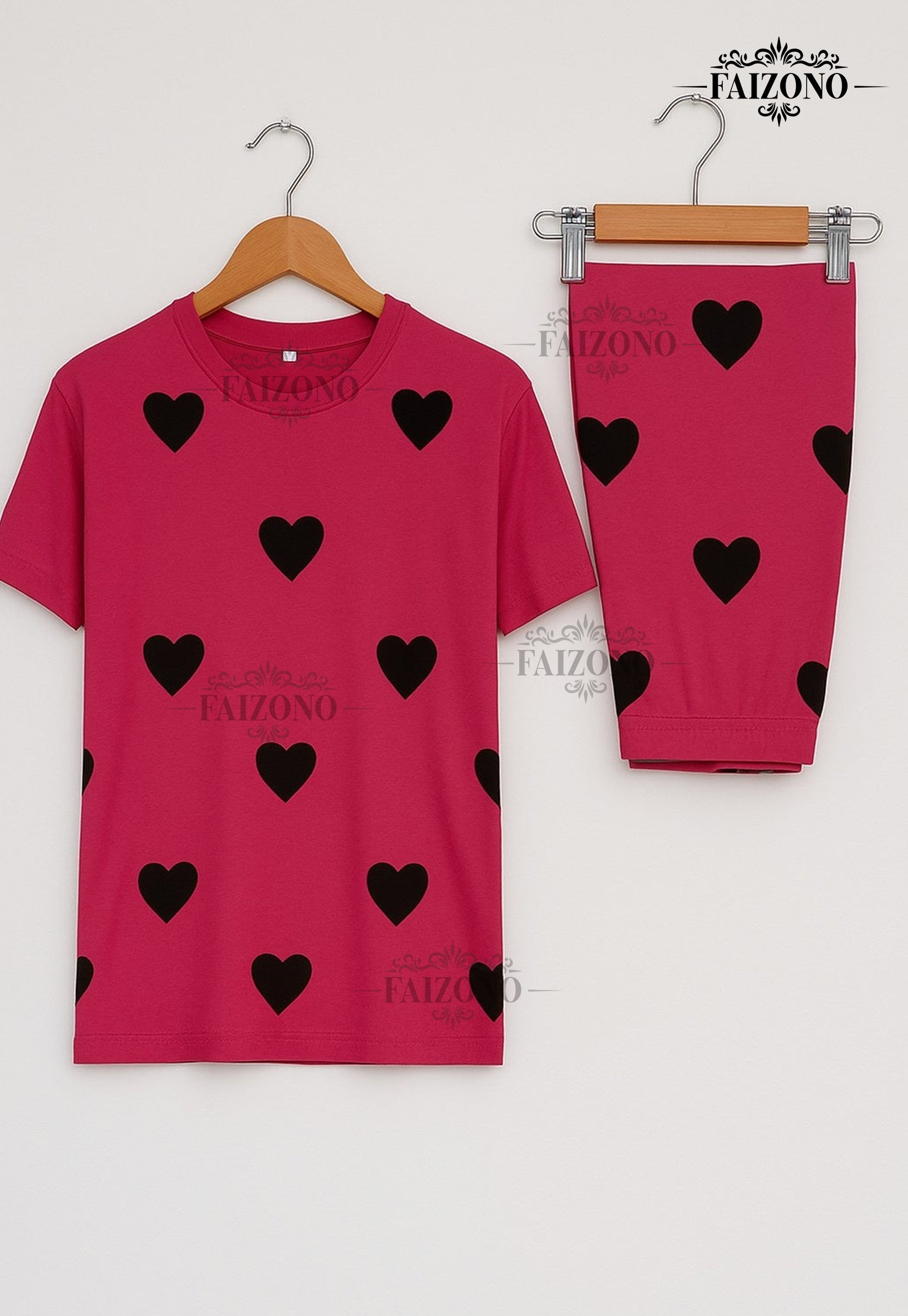 Pink Black Heart Pjs Set