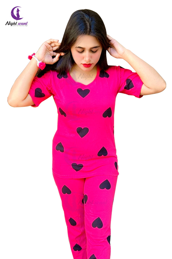 Pink Multi Black Heart Printed Night Suit