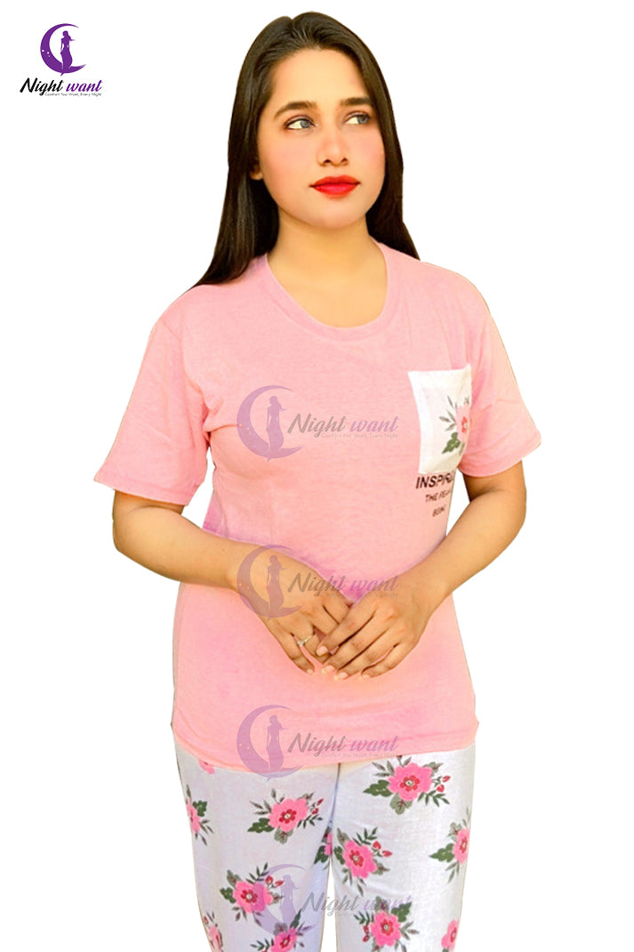 Pink Pocket Printed Night Suit