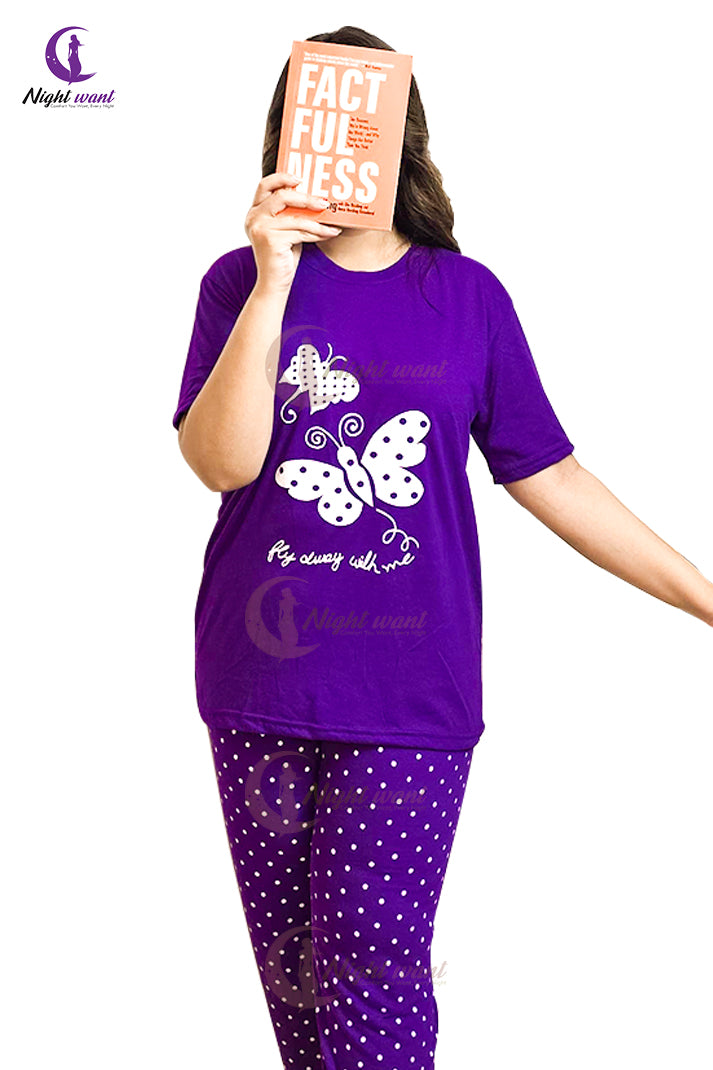 Purple Butterfly Printed Night Suit