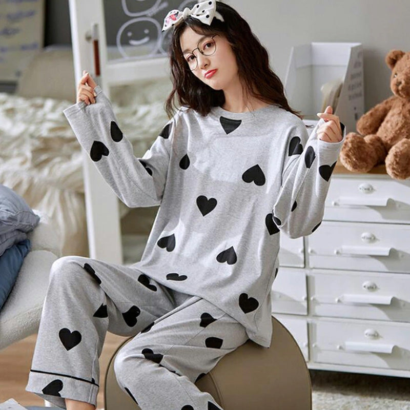 Grey Black Multi Heart Printed Night Suit