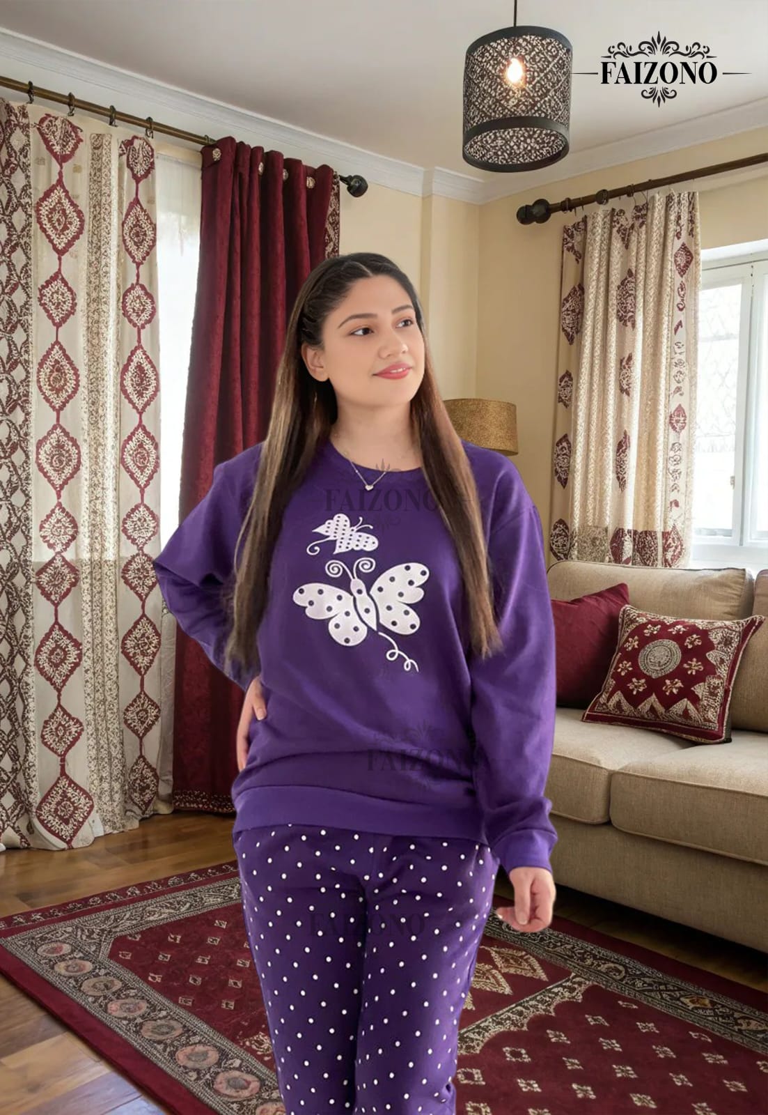 Winter Fleece Purple Butterfly Printed Night Suit