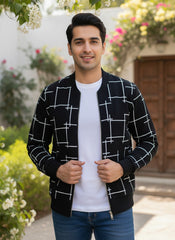 Winter Black Printed Zipper Jacket For Men
