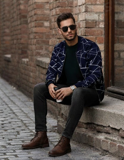 Winter Black Printed Zipper Jacket For Men