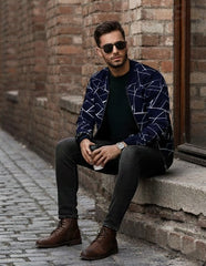 Winter Black Printed Zipper Jacket For Men