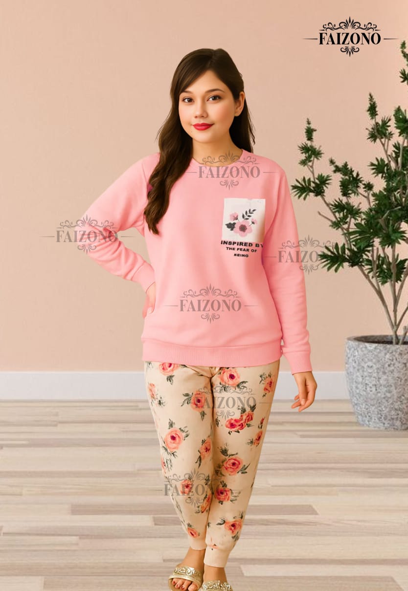 Winter Fleece Pink Pocket Printed Night Suit