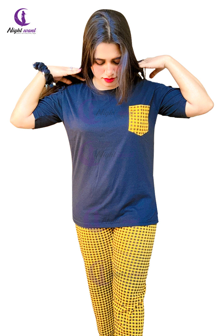 Yellow Check Pocket Printed Night Suit